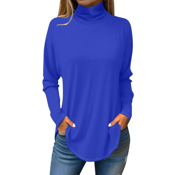 LISTHA Turtleneck Tops for Women Top Long Sleeve Oversized Basic Shirts Lightweight Loose Fit Tshirts with Hem Blue L