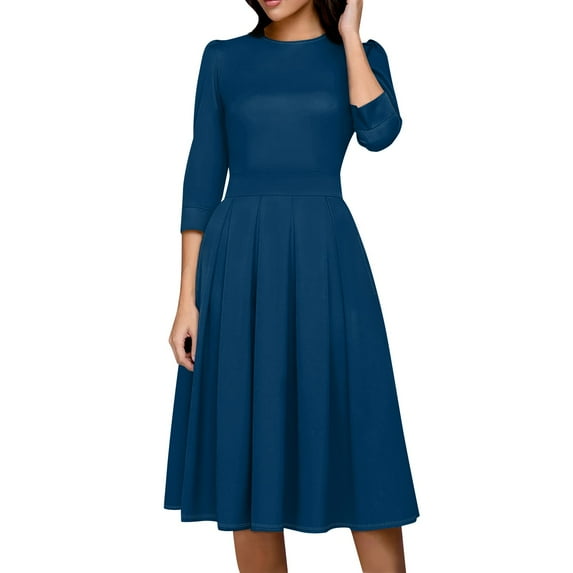 LISTHA Vintage Midi Dresses for Women Modest 3/4 Sleeve Crew Neck Wrap Dress A Line Pleated Wedding Guest Dress with Pockets Dark Blue 2XL