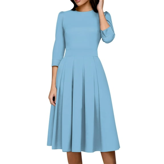 LISTHA Vintage Midi Dresses for Women Modest 3/4 Sleeve Crew Neck Wrap Dress A Line Pleated Wedding Guest Dress with Pockets Light Blue S