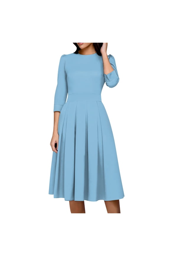 Vintage Midi Dresses for Women Modest 3/4 Sleeve Crew Neck Wrap Dress A Line Pleated Wedding Guest Dress with Pockets Light Blue S