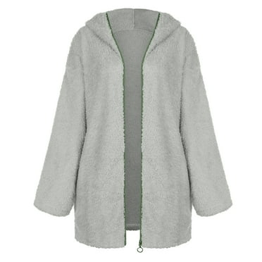 LISTHA Warm Jackets for Women Fuzzy Fleece Long Sleeve Coats with Hood Open Front Cardigan Tops Faux Fur Solid Outerwear Green L