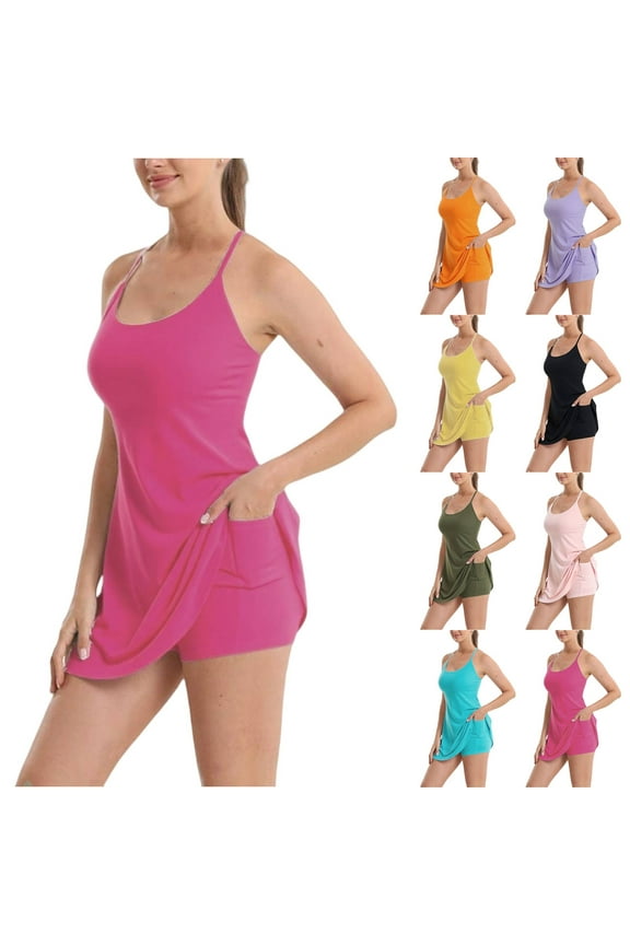 Women Athletic Dress Tummy Control Casual Backless Workout Active Dress Summer Tennis Dresses with Pockets Yellow S