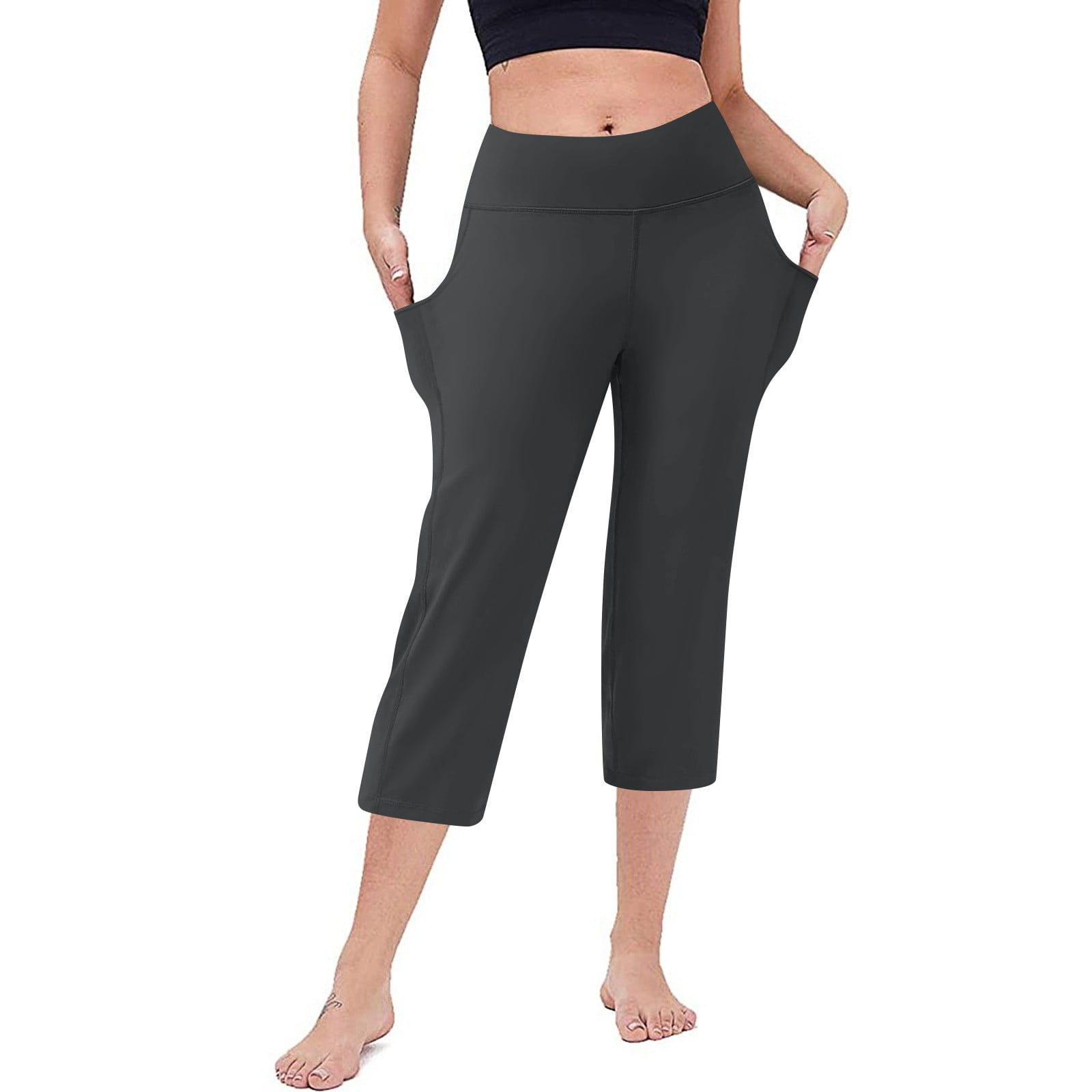 RIMLESS 7 Women's Capri Yoga Pants – High Waist Tummy Control, Moisture-Wicking, Side Pockets, Stretch Lounge Crops For Workout, Running & Casual Wear (Light Gray, XL)