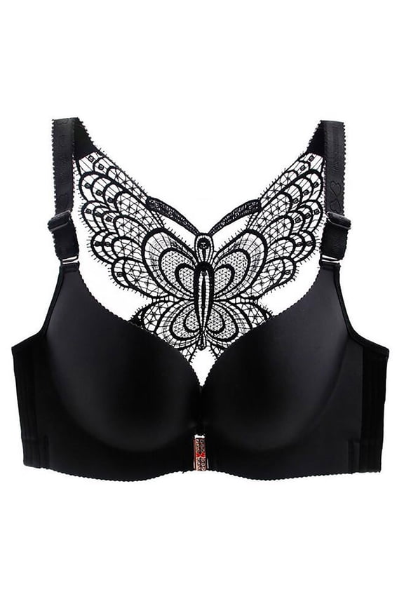 Women Wire-Free Push Up Bra Seamless Front Closure Lace Butterfly Daily Bra Black 4090CDE