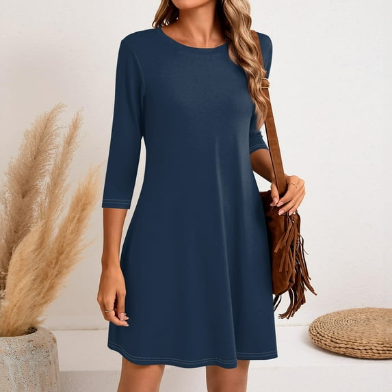 LISTHA Women's 3/4 Sleeve Dresses, Casual T-Shirt Dresses, Crew Neck Loose fit Swing Autumn Dresses, Tunic Dresses Navy 3XL