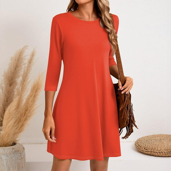 LISTHA Women's 3/4 Sleeve Dresses, Casual T-Shirt Dresses, Crew Neck Loose fit Swing Autumn Dresses, Tunic Dresses Saffron XL
