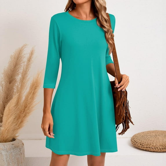 LISTHA Women's 3/4 Sleeve Dresses, Casual T-Shirt Dresses, Crew Neck Loose fit Swing Autumn Dresses, Tunic Dresses Turquoise L