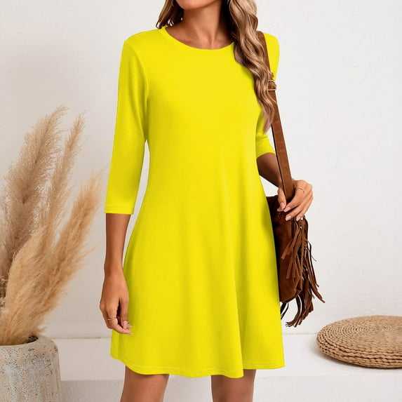LISTHA Women's 3/4 Sleeve Dresses, Casual T-Shirt Dresses, Crew Neck Loose fit Swing Autumn Dresses, Tunic Dresses Yellow XL