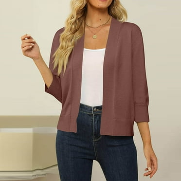 LISTHA Women's 3/4 Sleeve Open Front Cropped Cardigan Sweater Elegant Shrugs for Women Coffee XL