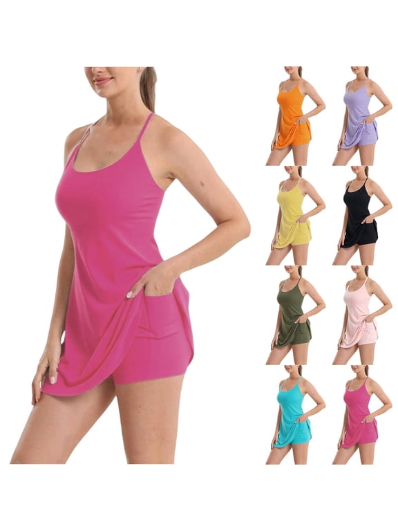 Women's Athletic Dress Tummy Control Yoga Casual Backless Dresses 2025 Workout Active Dress with Pockets Black M