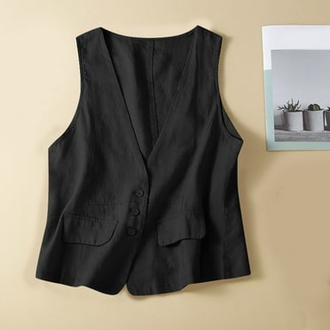 LISTHA Women's Cotton Linen Vest Casual Button Down V Neck Blazer Waistcoat Sleeveless Jacket with Pockets Black L