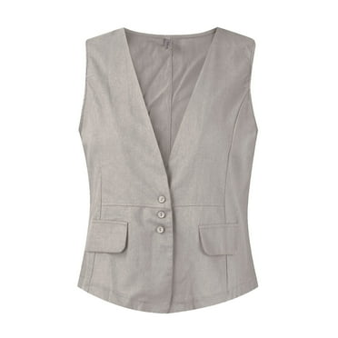 LISTHA Women's Cotton Linen Vest Casual Button Down V Neck Blazer Waistcoat Sleeveless Jacket with Pockets light gray 2XL