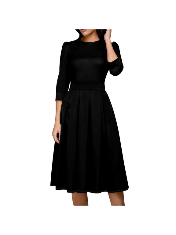 Women's Fall 3/4 Sleeve Midi Dresses Casual Formal Church Wedding Guest Work Clothes Black L