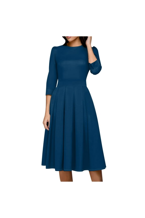 Women's Fall 3/4 Sleeve Midi Dresses Casual Formal Church Wedding Guest Work Clothes Dark Blue XL