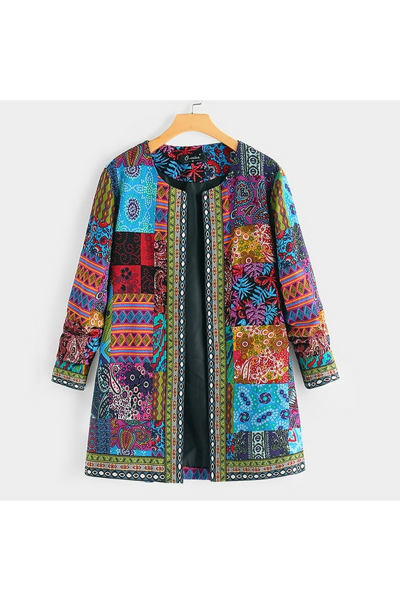 Women's Fall Ethnic Boho Floral Print Long Sleeve Jacket Coat Casual Oversize Crewneck Cardigan Blue 2XL
