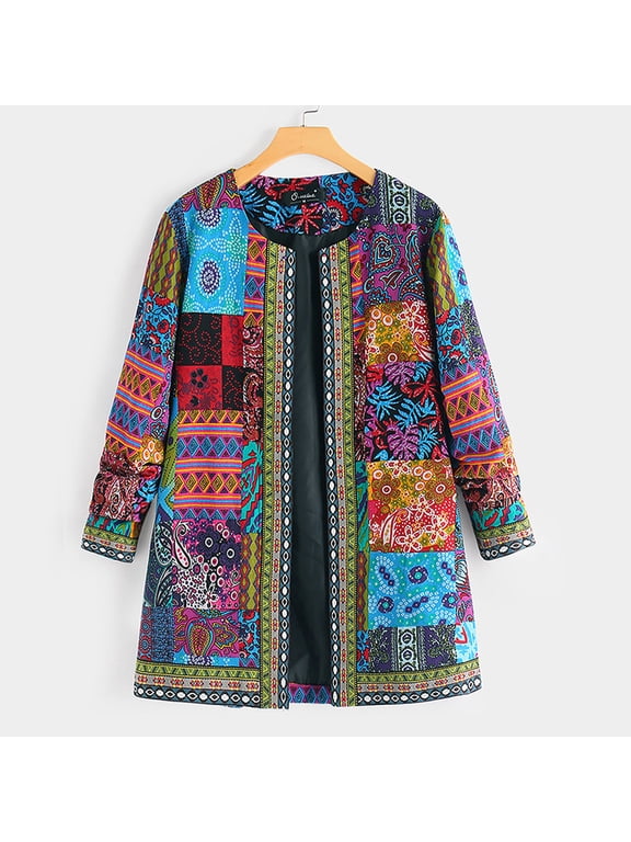 Women's Fall Ethnic Boho Floral Print Long Sleeve Jacket Coat Casual Oversize Crewneck Cardigan Blue L
