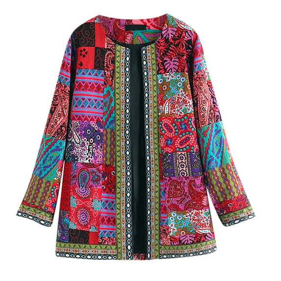 LISTHA Women's Fall Ethnic Boho Floral Print Long Sleeve Jacket Coat Casual Oversize Crewneck Cardigan Hot Pink 5XL