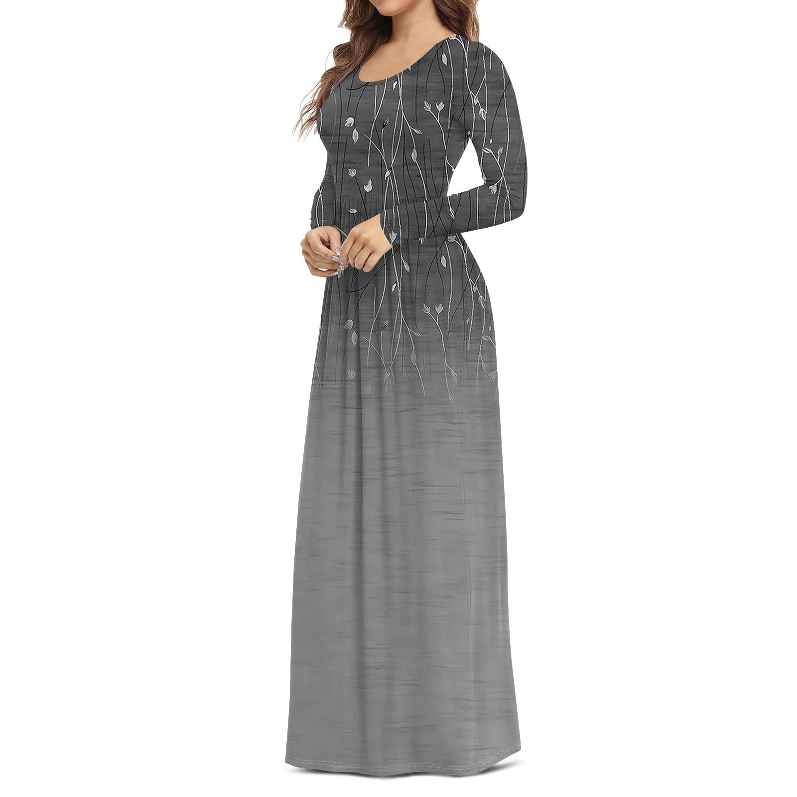 LISTHA Women's Maxi Dress Long Sleeve Crewneck Loose Plain Casual Empire  Waist Fall Party Long Dresses with Pockets Dark Gray XL - Walmart.com