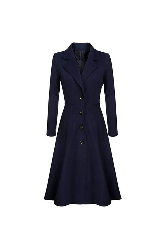 Women's Single Breasted Notched Lapel Wool Blend Dress Coat Ruffle A Line Winter Trench Coat Navy M