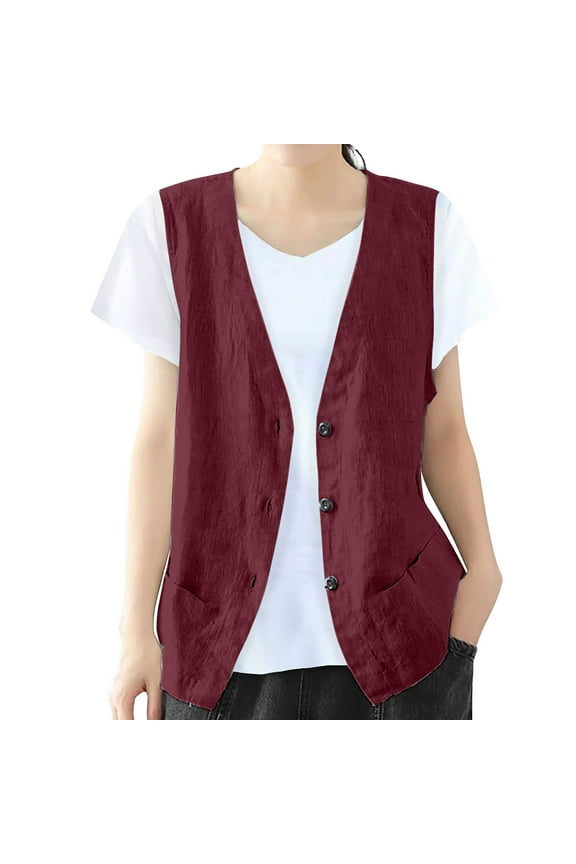Women's Summer Vest Vintage Cotton Linen Vest Loose Sleeveless Thin Vest Solid Color Waistcoat Jacket Wine S