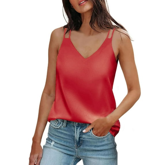 LISTHA Women's Tank Tops Silk Satin V Neck Plus Size Casual Top Sleeveless Camisole Summer Loose Vest Red L