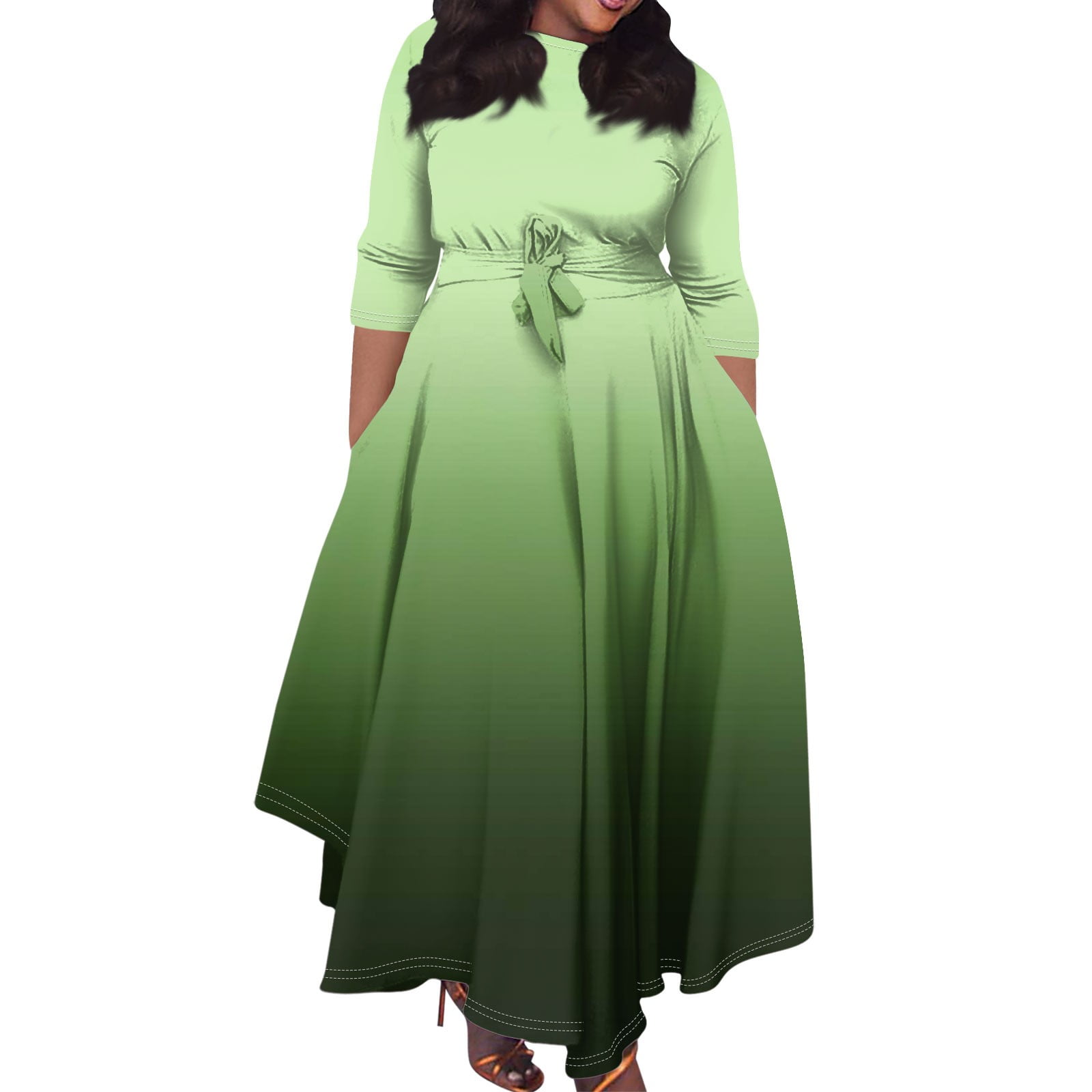 slim fit dress slacks Pleated Deep V Neck 3/4 Sleeves Tulle Dress with Chain Waist in Dark Green main image 0