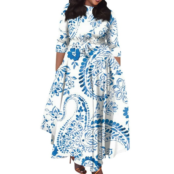 LISTHA Women's Wrap Crew Neck Plus Size Maxi Dresses 3/4 Sleeves Chain Floral Printed Swing Dress with Belt Light Blue 4XL