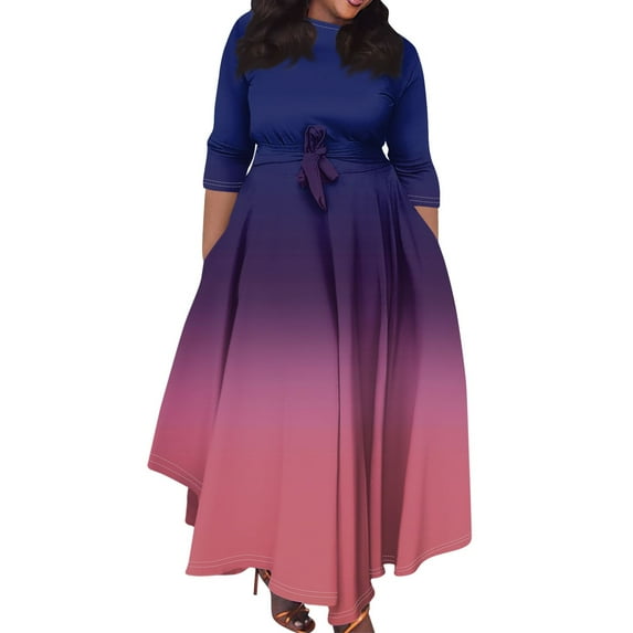 LISTHA Women's Wrap Crew Neck Plus Size Maxi Dresses 3/4 Sleeves Chain Floral Printed Swing Dress with Belt Navy 3XL
