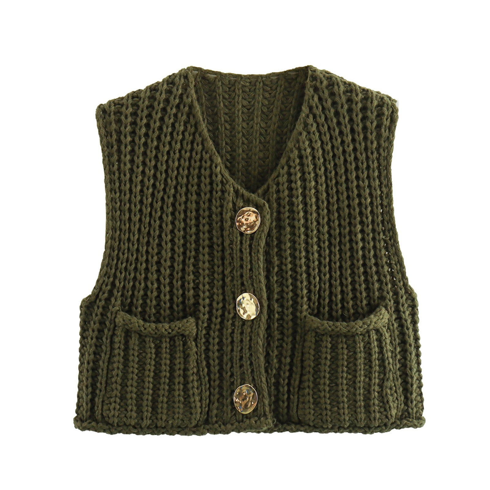 LISTHA Womens Casual Chunky Knit Vest Gold Button Down Crop