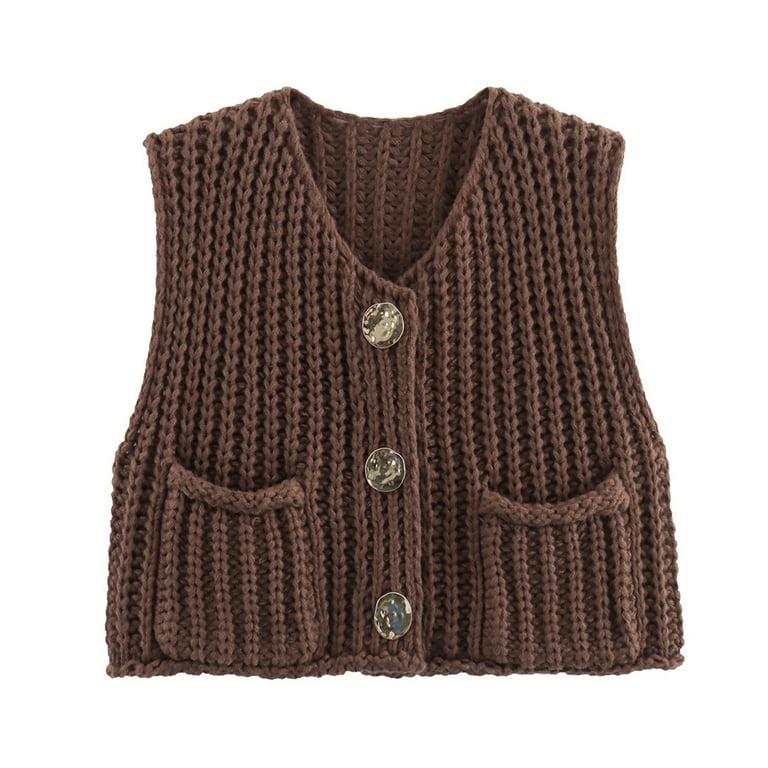 LISTHA Womens Casual Chunky Knit Vest Gold Button Down Crop