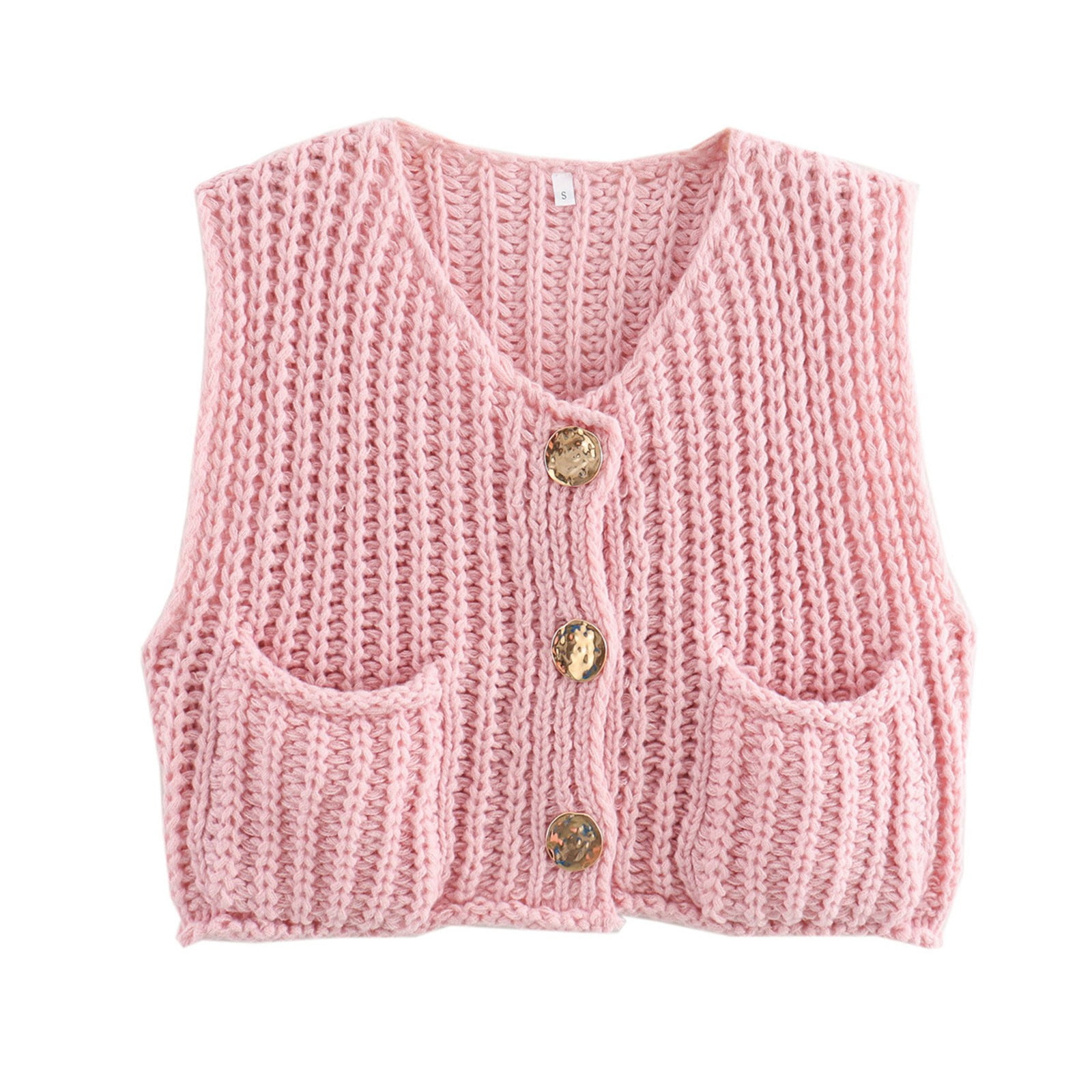 LISTHA Womens Casual Chunky Knit Vest Gold Button Down Crop