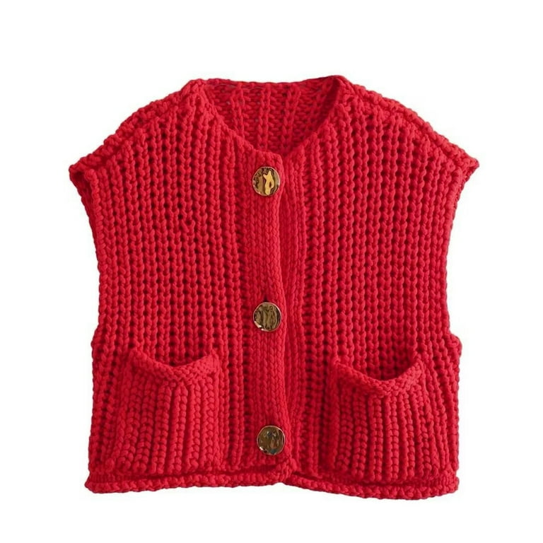 LISTHA Womens Casual Chunky Knit Vest Gold Button Down Crop