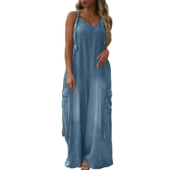 LISTHA Womens Dressy Jumpsuit Casual Plus Size Wide Leg Rompers 2025 Spring Cargo Overalls with Pockets Blue M