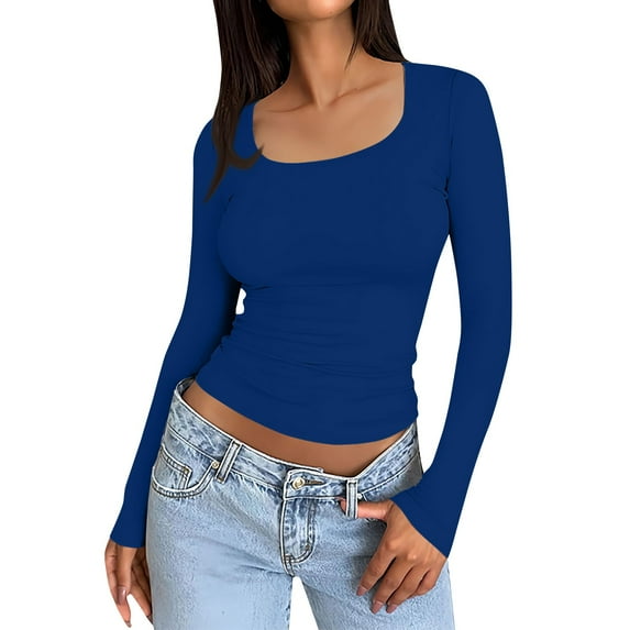 LISTHA Womens Long Sleeve Shirts Fashion Crop Tops Square Neck 2025 Basic Clothes Slim Fit T Shirts #1Dark Blue 2XL