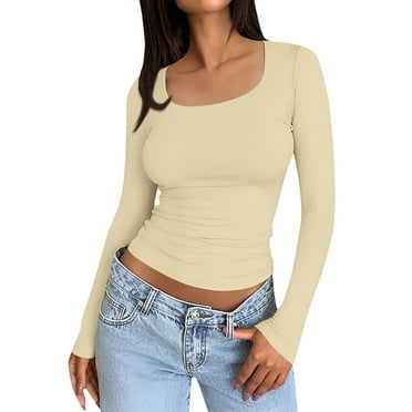 LISTHA Womens Long Sleeve Shirts Fashion Crop Tops Square Neck Y2k Basic T Shirts Slim Fit Clothes #1Beige S