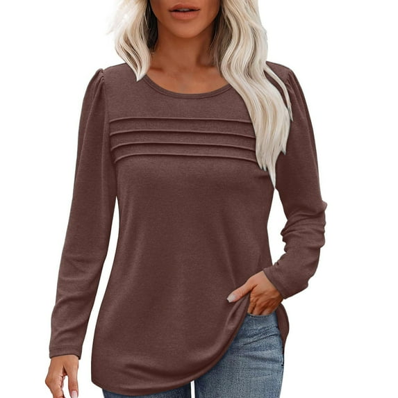 LISTHA Womens Long Sleeve T Shirts Casual Pleated Blouses Crew Neck Dressy Tunic Tops 2025 Trendy Tops Coffee 2L