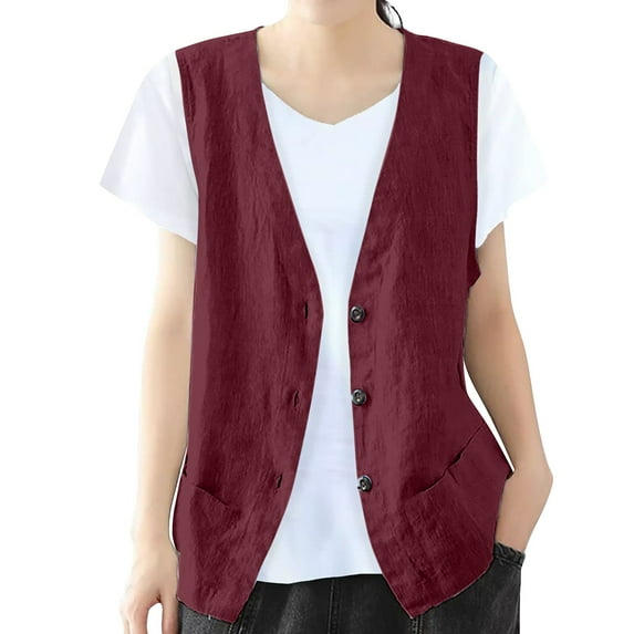 LISTHA Womens Summer Cotton Linen Vest Top Casual Vintage Sleeveless Button Down Jacket Fashion Loose Lightweight Outerwear Wine M