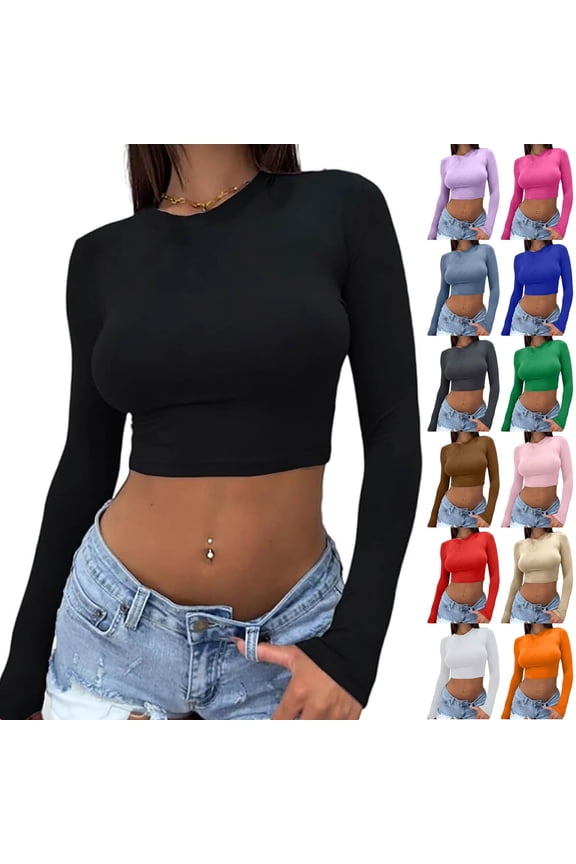 Womens Summer Crop Tops Long Sleeve Going Out Basic Crew Neck Tees Workout Y2k Slim Fit Shirt Long Sleeve_White S