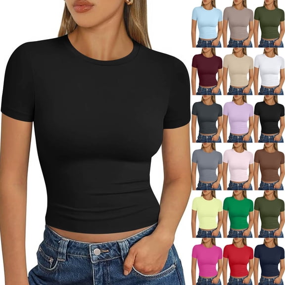 LISTHA Womens Summer Crop Tops Short Sleeve Basic Slim Fit Crew Neck Cropped T Shirts Going Out Summer Tight Tees Khaki S