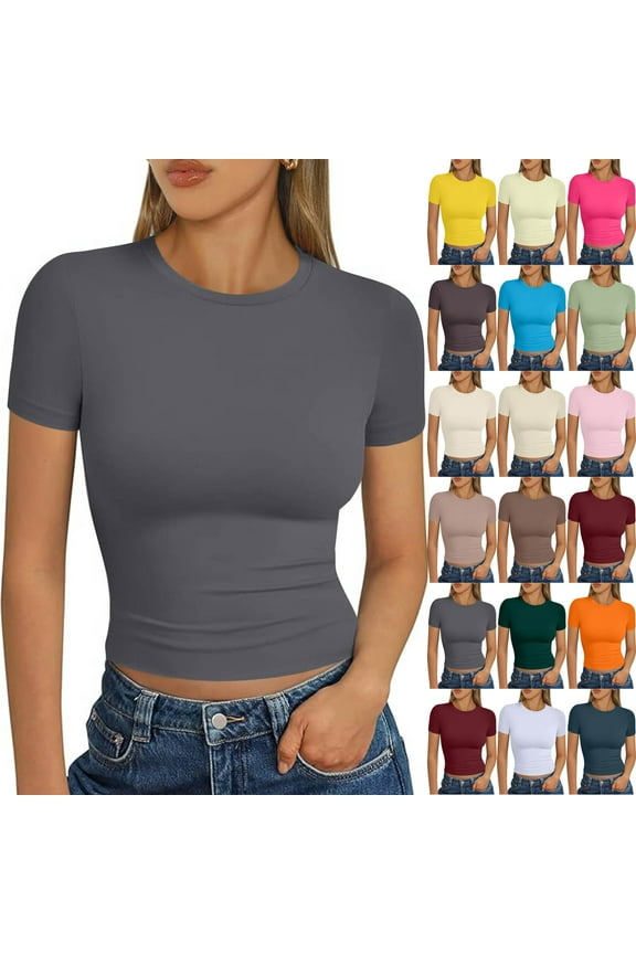 Womens Summer Crop Tops Short Sleeve Tight Workout Crew Neck Tees Y2k Going Out Summer Shirt cream color XL