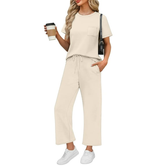 LISTHA Womens Two Piece Sets Summer Short Sleeve Matching Sets Casual Wide Leg Crop Pants Outfits Vacation Lounge Sets Beige M