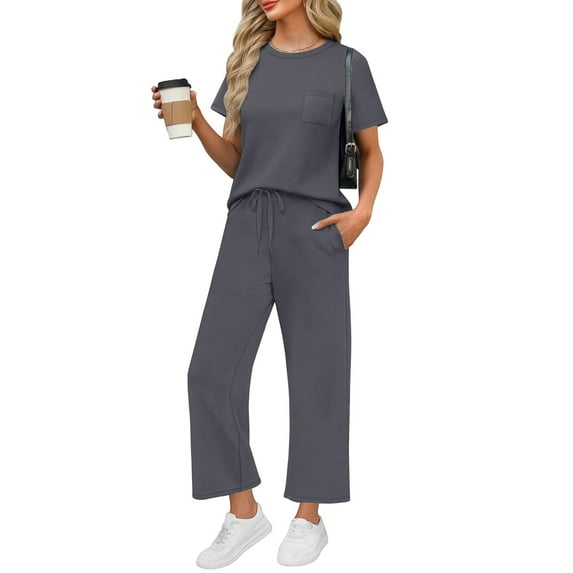 LISTHA Womens Two Piece Sets Summer Travel Short Sleeve Matching Sets Vacation Casual Outfits Wide Leg Crop Pants Lounge Sets Gray 2XL