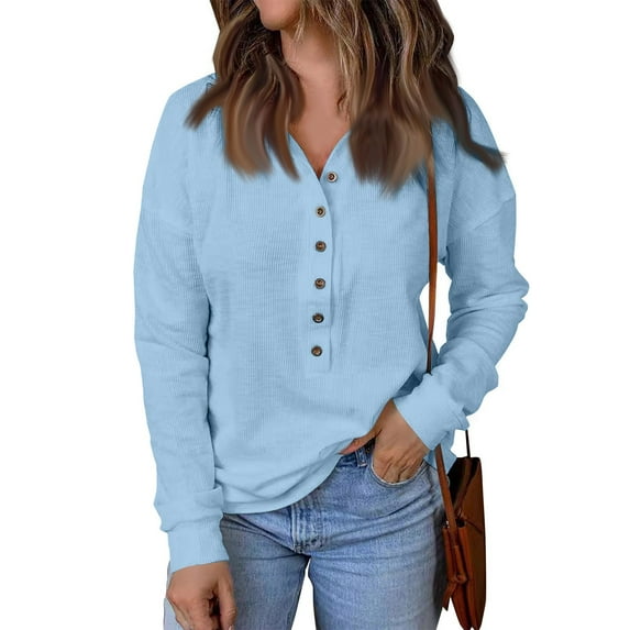 LISTHA Womens Waffle Knit Tunic Tops Long Sleeve Dressy Casual Loose Button Up Henley Shirts V Neck Thermal Cotton Tee Shirts Tops Sky Blue M