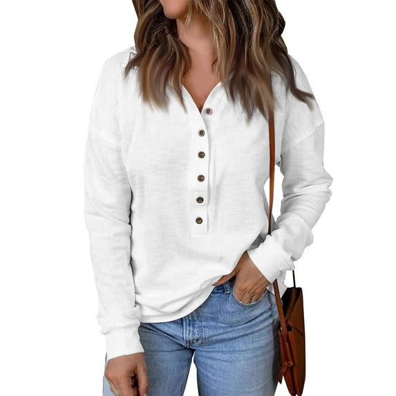 LISTHA Womens Waffle Knit Tunic Tops Long Sleeve Dressy Casual Loose Button Up Henley Shirts V Neck Thermal Cotton Tee Shirts Tops White XL
