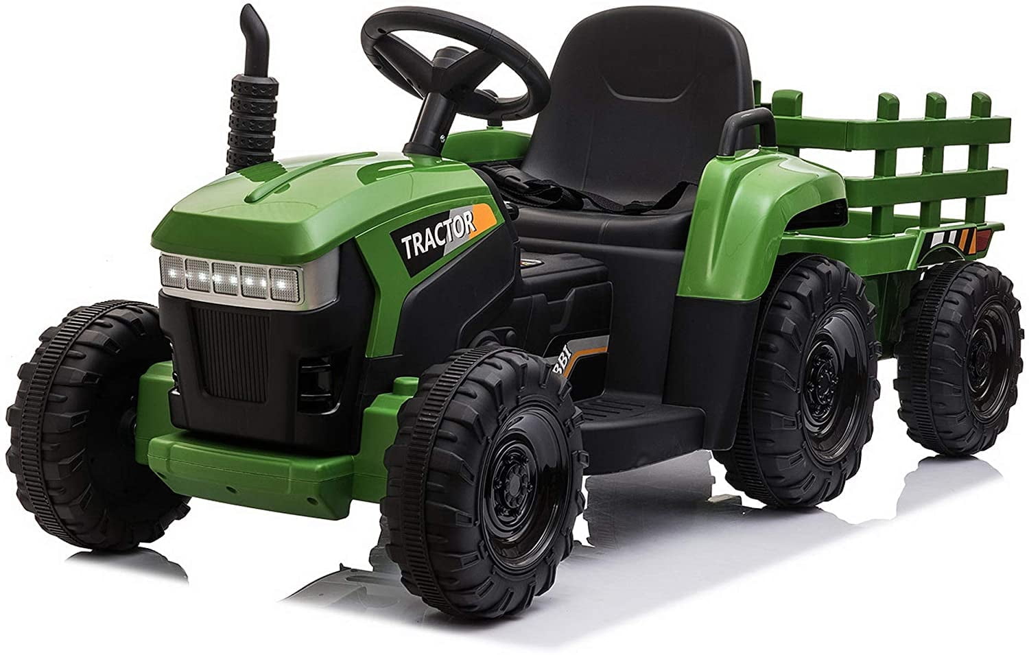 12V Green Ride-On Tractor with Trailer and LED Lights