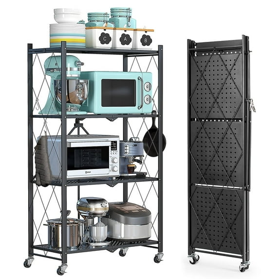 LISUEYNE 4-Tier Storage Shelving Unit, Metal Shelf, Foldable Storage Shelf with Wheels, 27.9"x13.4"x49.72" Garage Shelf, Kitchen Shelf with 4 Hooks, No Assemble Require
