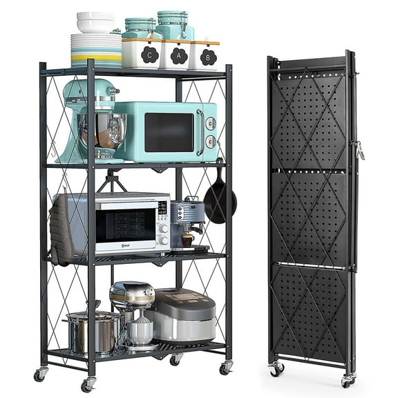 LISUEYNE 4-Tier Storage Shelving Unit, Metal Shelf, Foldable Storage Shelf with Wheels, 27.9"x13.4"x49.72" Garage Shelf, Kitchen Shelf with 4 Hooks, No Assemble Require