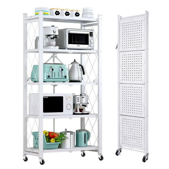 LISUEYNE 5 Tier Storage Shelving Unit, Foldable Metal Shelf, Garage Shelving Units, No Assembly Storage Rack for Garage, Kitchen, Basement,S torage Shelves with Wheels, White