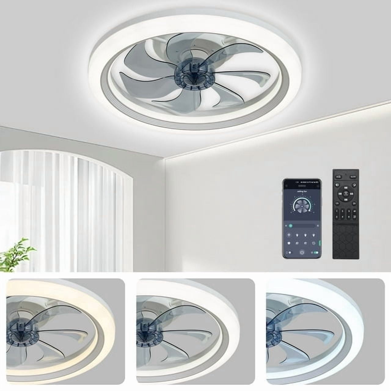 LISUNAR Ceiling Fans with Lights and Remote,20" Low Profile Ceiling Fan with Light,Dimmable LED Smart Ceiling Fan,Modern Flush Mount Fan Light,Bladeless Ceiling Fans for Bedroom,Living Room-White