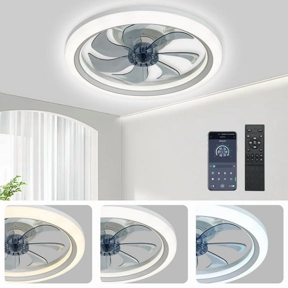 LISUNAR Ceiling Fans with Lights and Remote,20" Low Profile Ceiling Fan with Light,Dimmable LED Smart Ceiling Fan,Modern Flush Mount Fan Light,Bladeless Ceiling Fans for Bedroom,Living Room-White